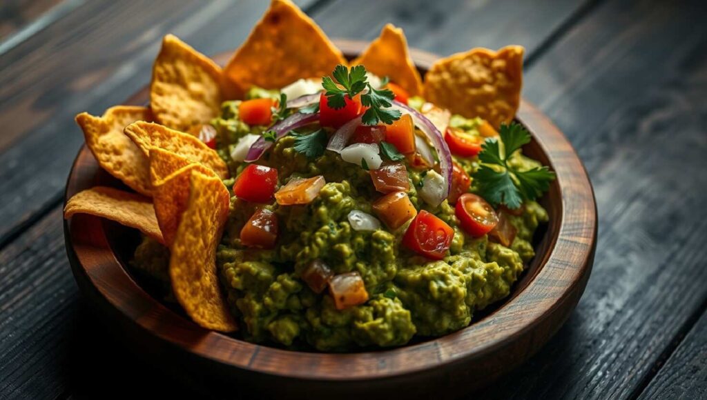 Schüssel Guacamole, garniert mit gewürfelten Tomaten, Zwiebeln und Koriander, umgeben von Tortillachips auf einem Holztisch.