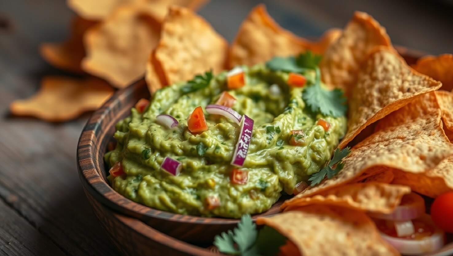 Eine Schüssel Guacamole, garniert mit Tomatenwürfeln und Zwiebeln, umgeben von Tortillachips auf einem Holztisch.