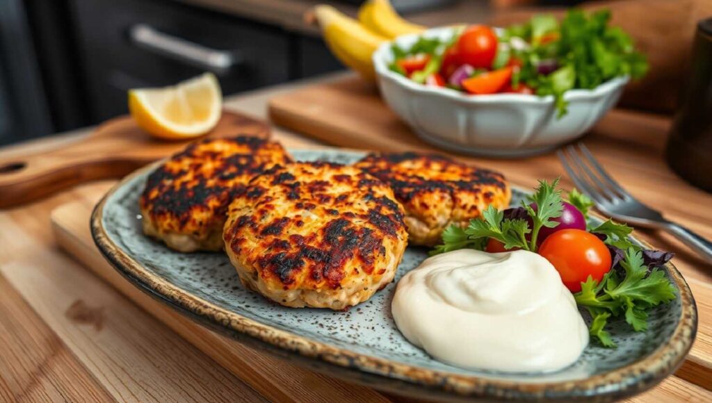 Keto-Thunfisch-Frikadellen mit Sauce auf einem Teller, serviert mit frischem Salat und einer Zitronenscheibe, alles auf einem Holztisch angerichtet.