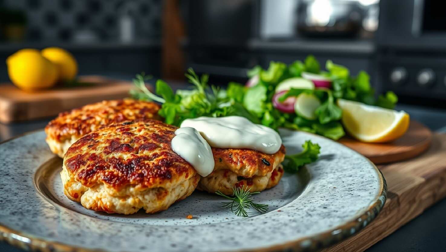 Drei Keto-Thunfisch-Frikadellen mit Sauce auf einem Teller, dazu ein frischer Salat und eine Zitronenscheibe im Küchenambiente.