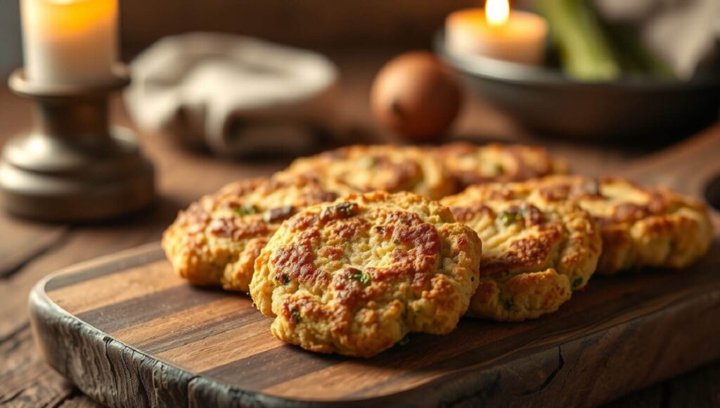 Knusprig gebackene Brokkoli-Happen auf einem Holzbrett, mit Kerzen und unscharfem Hintergrund, daneben eine Zwiebel und eine Zucchini.