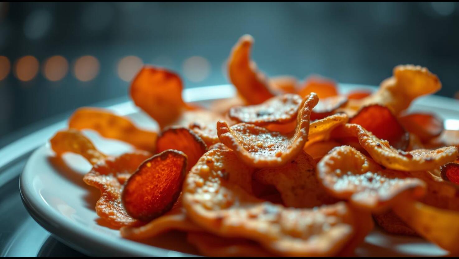 Ein weißer Teller mit knusprigen, orangen Gemüsechips, garniert mit grobem Salz.