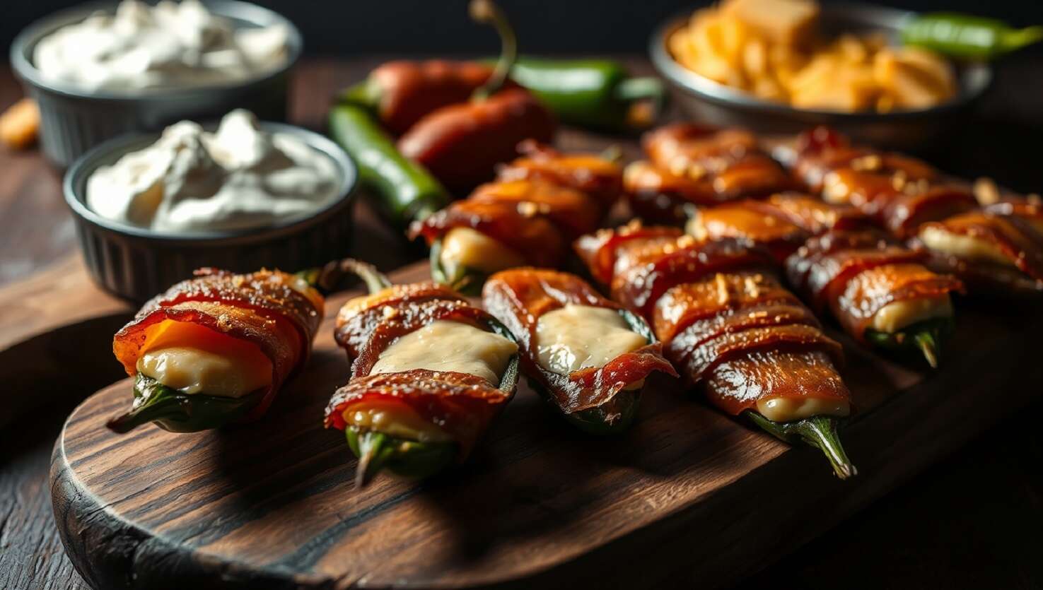 Mit Speck umwickelte Jalapeño-Poppers: Mit Käse gefüllte und mit Speck umwickelte Jalapeño-Poppers auf einem Brett, daneben Schüsseln mit Sauerrahm und Käsewürfeln.