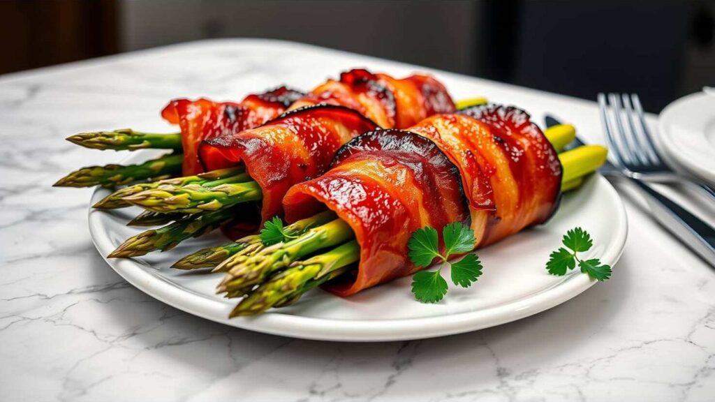 Mit Speck umwickelter Spargel auf einem weißen Teller mit Petersilie, auf einem Marmortisch angerichtet.