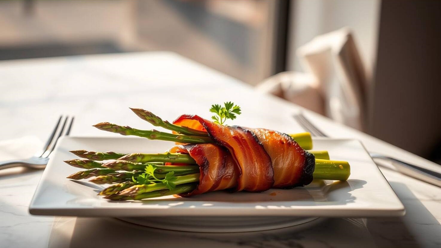 Mit Speck umwickelter Spargel auf einem Teller, garniert mit Petersilie, mit Gabel und Messer auf einem sonnenbeschienenen Tisch.