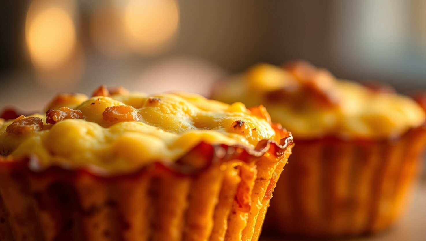 Nahaufnahme von zwei Cupcake-förmigen Makkaroni-Käse-Portionen in roten Förmchen mit einer goldbraunen, knusprigen Oberseite.