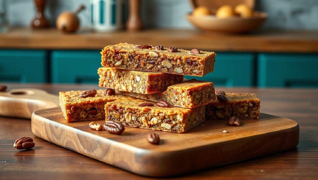 Stapel hausgemachter Müsliriegel mit würzigen Keto-Nüssen auf einem Holzschneidebrett in gemütlicher Küchenumgebung.