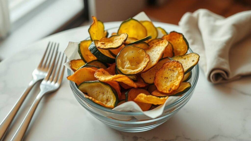 Eine Glasschale gefüllt mit gewürzten, gebackenen Zucchini-Chips auf einer weißen Marmoroberfläche neben zwei Gabeln und einer gefalteten Serviette.