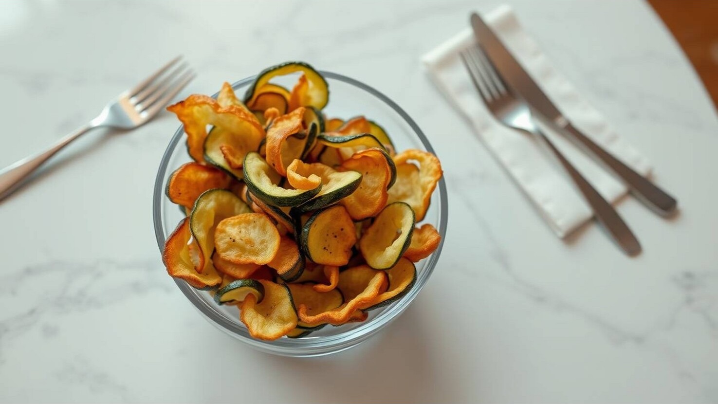 Auf einem Tisch steht eine Glasschale mit Zucchinichips und präsentiert ein leckeres Rezept für Zucchinichips. Daneben liegen Gabel und Messer.