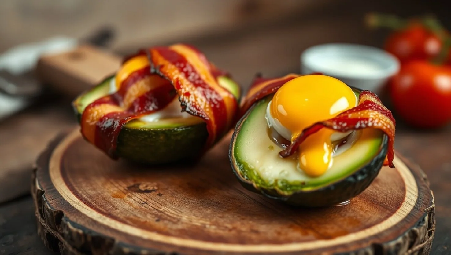 Avocado-Speck-Tassen mit Eigelb und Speck auf einem Holzbrett, im Hintergrund Tomaten.