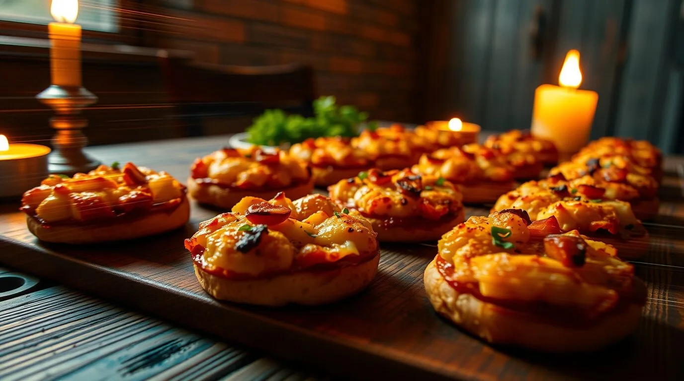 Blumenkohl-Pizza-Häppchen mit Käse und Gemüse belegt auf einem Holzbrett, umgeben von Kerzen auf einem schwach beleuchteten Tisch.