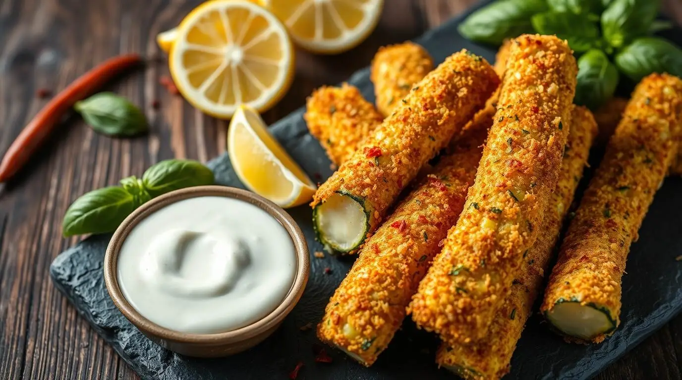 Gebackene Parmesan-Zucchini-Sticks mit Dip, Zitronenscheiben und Basilikum auf einer Schieferplatte.