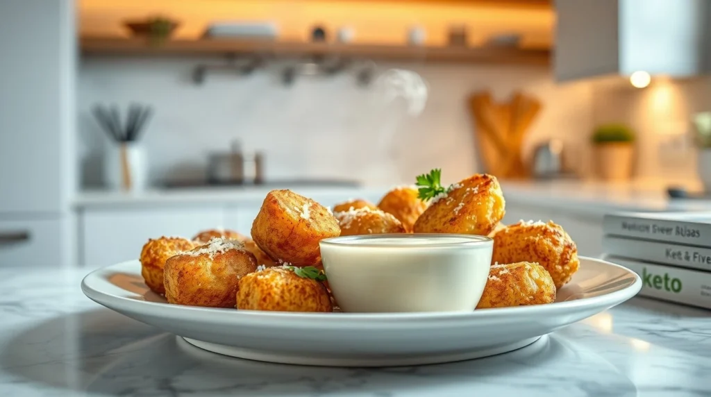 Ein Teller mit dampfenden Käse-Brokkoli-Tots und einer Schüssel Dip-Sauce auf einer Marmorarbeitsplatte in einer modernen Küche.