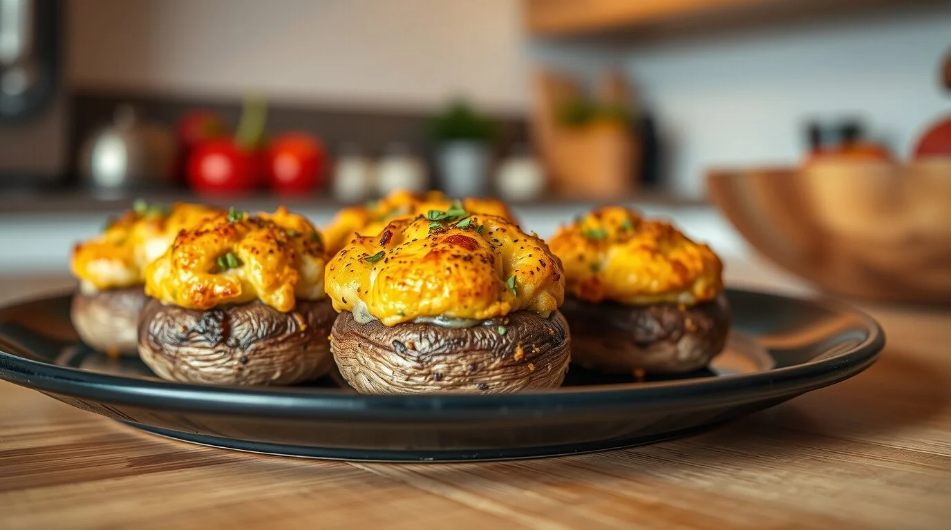 Keto-gefüllte Champignons, mit goldbraunem Käse belegt und mit Kräutern garniert, auf einem schwarzen Teller in einer Küche.