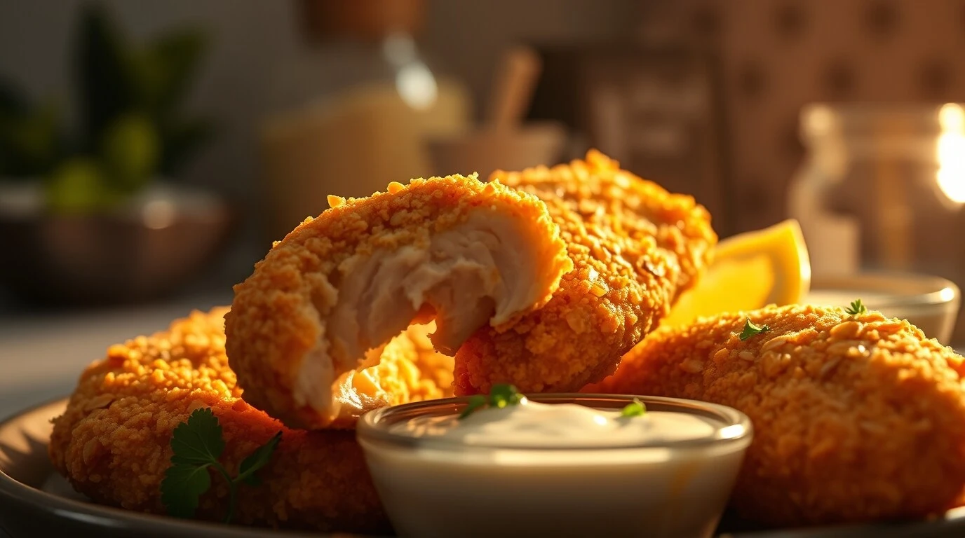 Nahaufnahme von knusprigen Keto-Hähnchen-Tenders mit Dip-Sauce und Zitronenscheiben, garniert mit Petersilie, in warmem Licht.