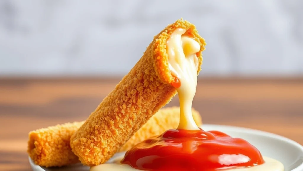 Ein Keto-Mozzarella-Stick, vor Käse triefend, in rote Soße getaucht, liegt auf einem weißen Teller.