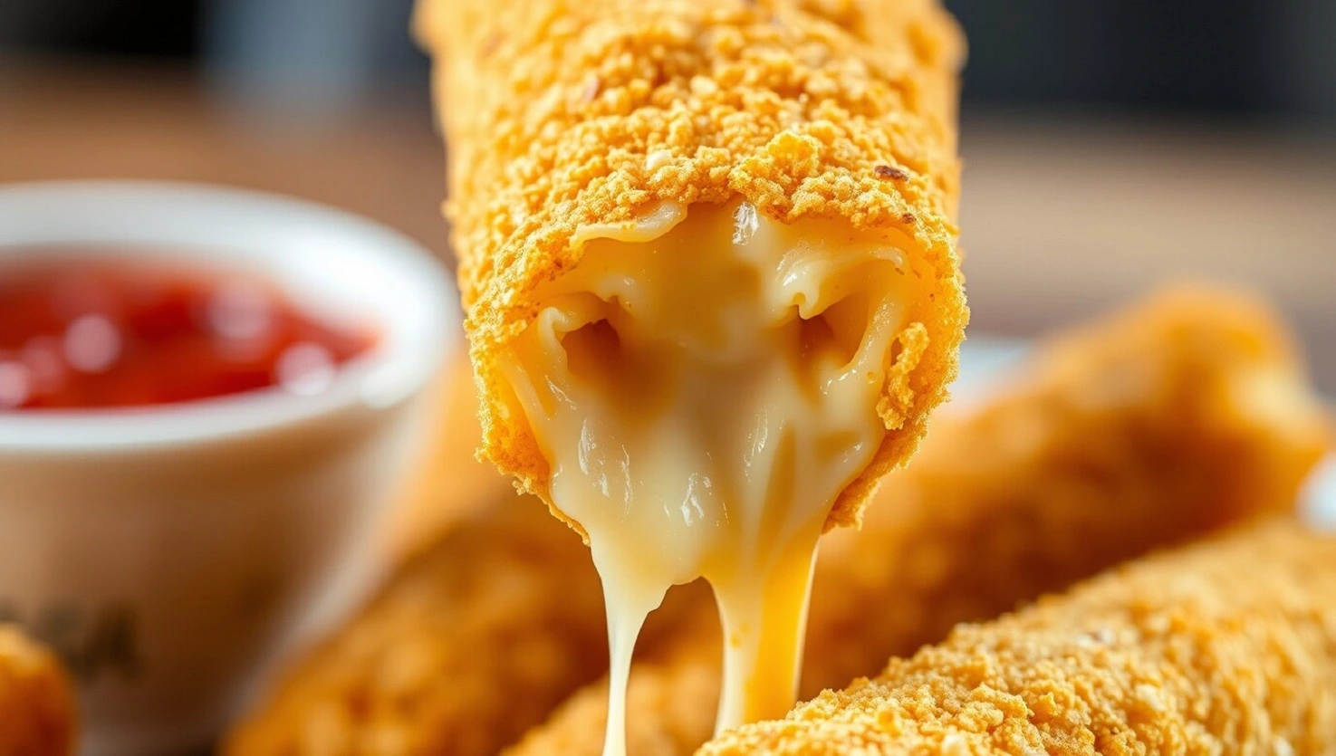 Nahaufnahme eines Keto-Mozzarella-Sticks mit herausquellendem Käse, neben einer kleinen Schüssel mit roter Dip-Sauce.