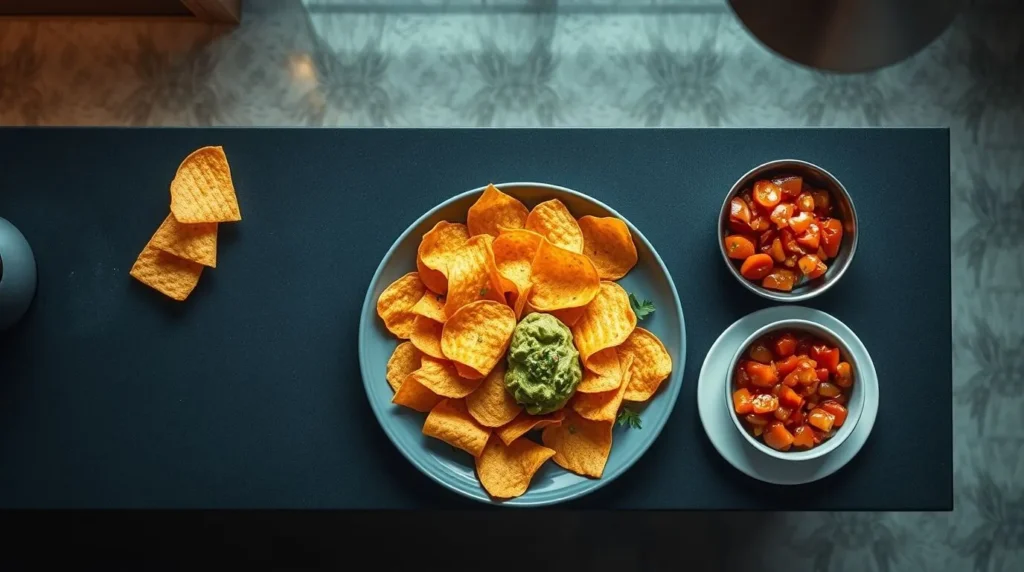 Ein Teller Chips mit einem Klecks Guacamole und zwei Schüsseln mit gewürfelten Tomaten auf einem schwarzen Tisch.