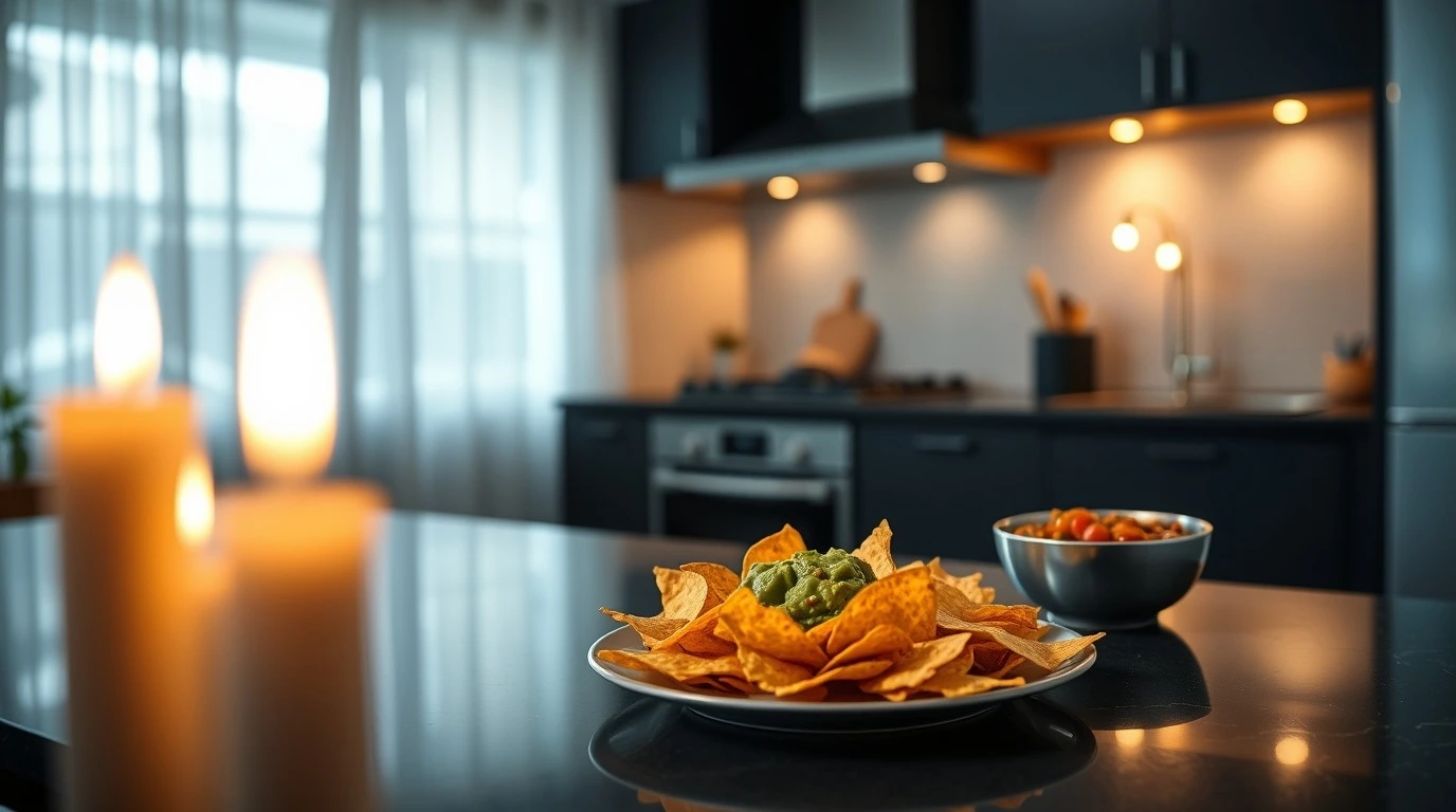 Teller Nachos mit Guacamole in einer Küchenumgebung, gedämpftes Licht, im Vordergrund leuchtende Kerzen.