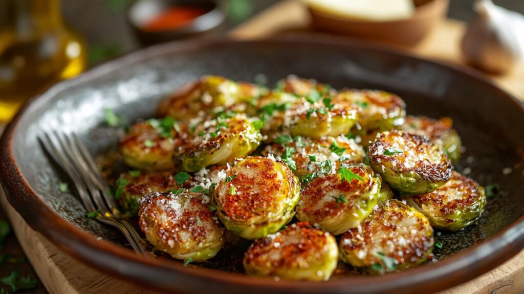 Nahaufnahme von geröstetem Rosenkohl, garniert mit geriebenem Käse und Kräutern auf einem dunklen Teller, mit einer Gabel an der Seite.