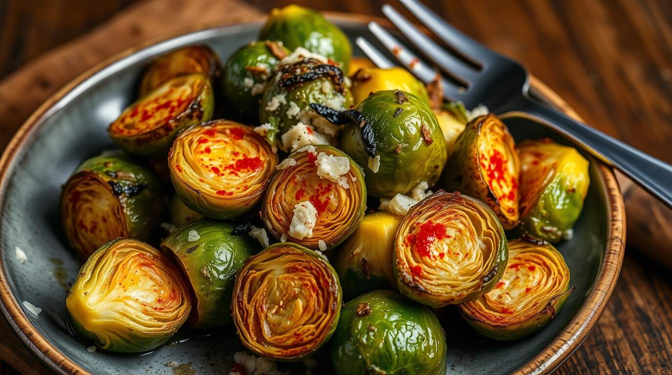 Ein Teller mit geröstetem Rosenkohl, gewürzt mit Chiliflocken und garniert mit zerbröckeltem Käse, neben einer Gabel.